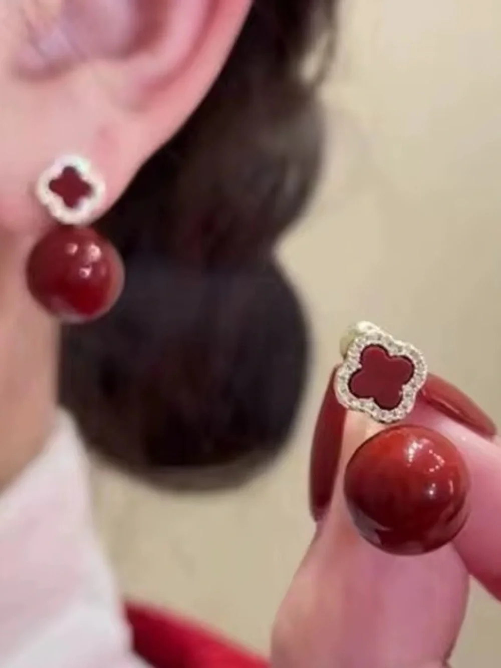 ***NEW Trendy Chic White, Red, Black  Clover Double-Stud Earrings